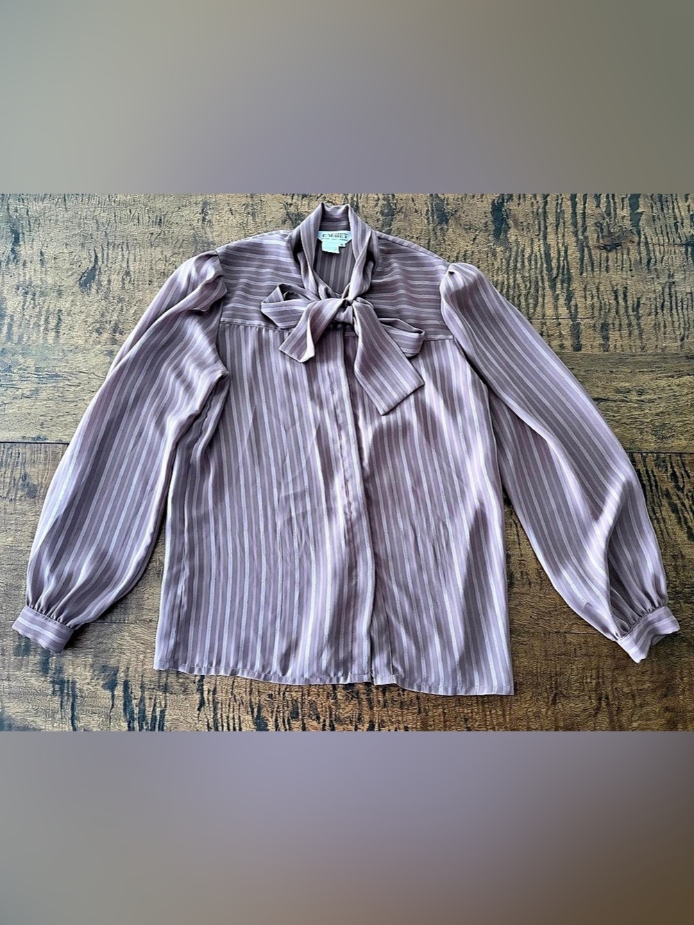 Vintage Cachet Pinstripe Bow Blouse Brown/Mauve Color Size 8